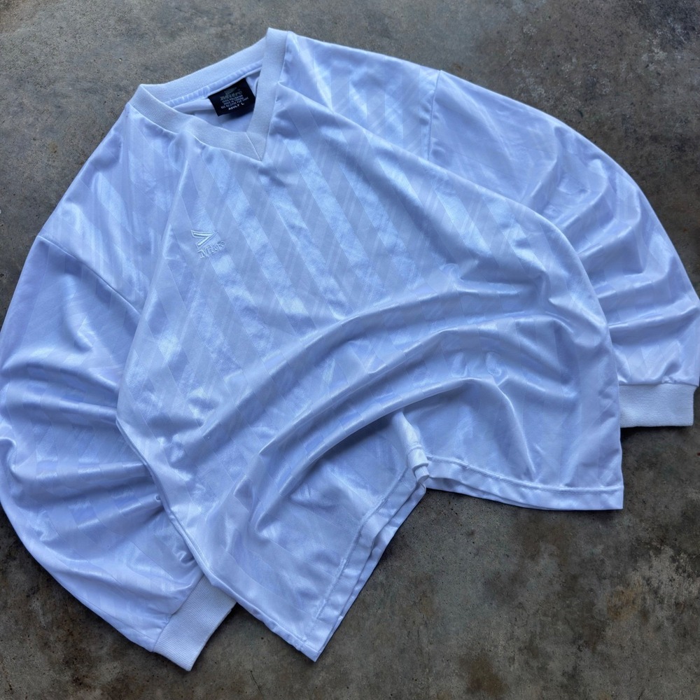 Vintage 90s Mitre Soccer Jersey Long Sleeve Shadow Stripe White Mens Large (h1)